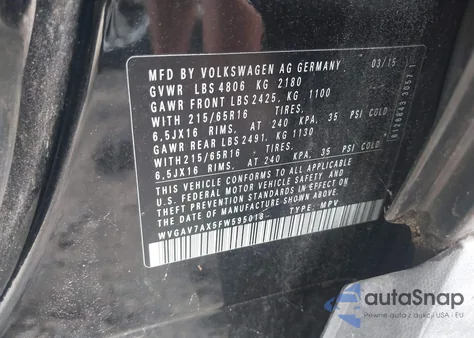 2015 Volkswagen Tiguan S from USA, damaged, VIN WVGAV7AX5FW595018